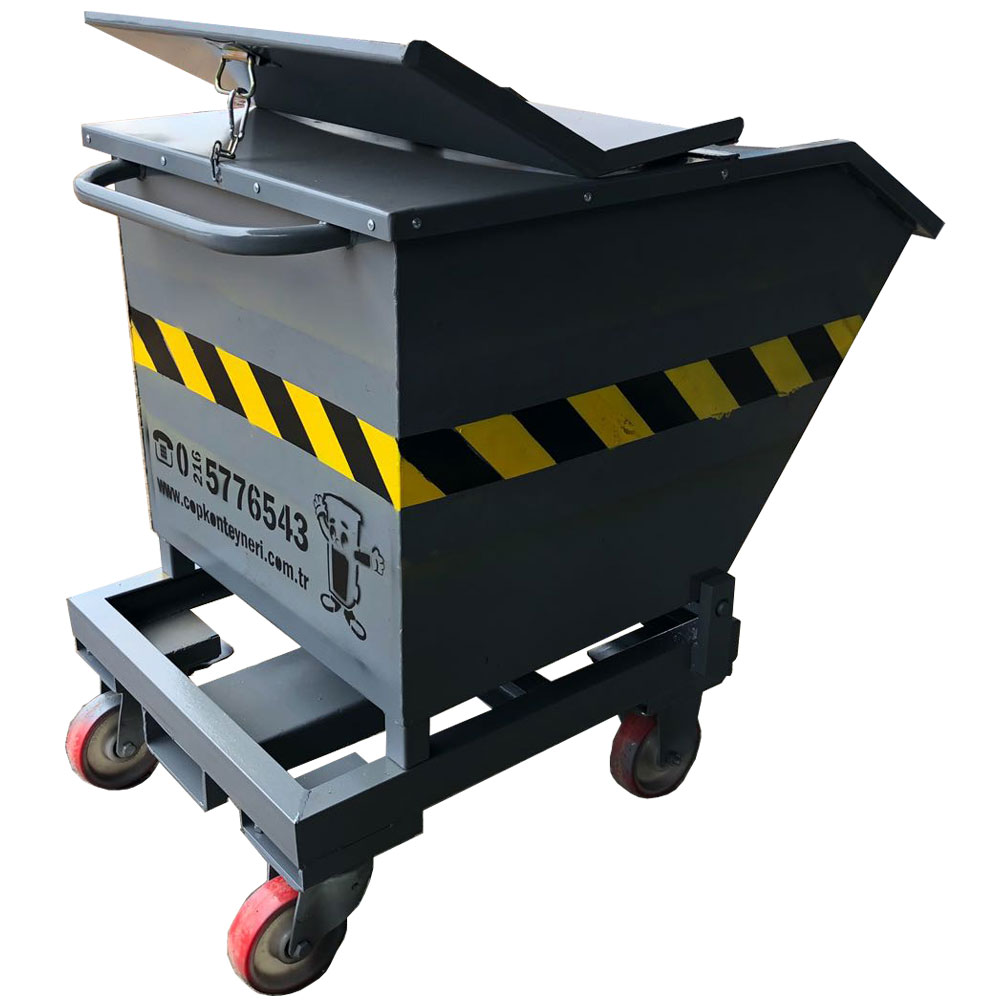 Tilting skip with roll-off mechanism
